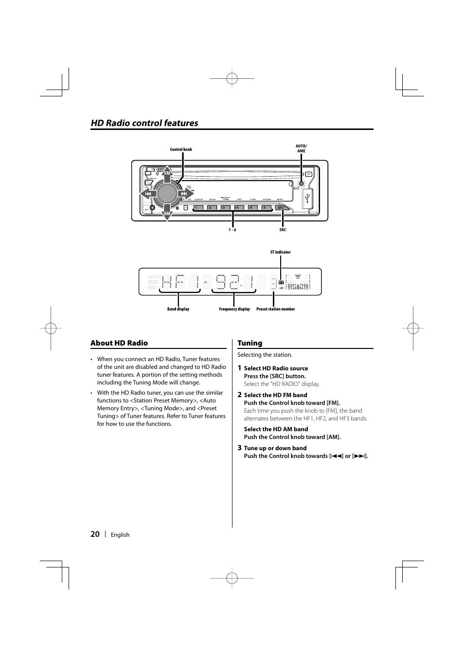 Hd radio control features, About hd radio, Tuning | Kenwood KDC-MP435U User Manual | Page 20 / 108