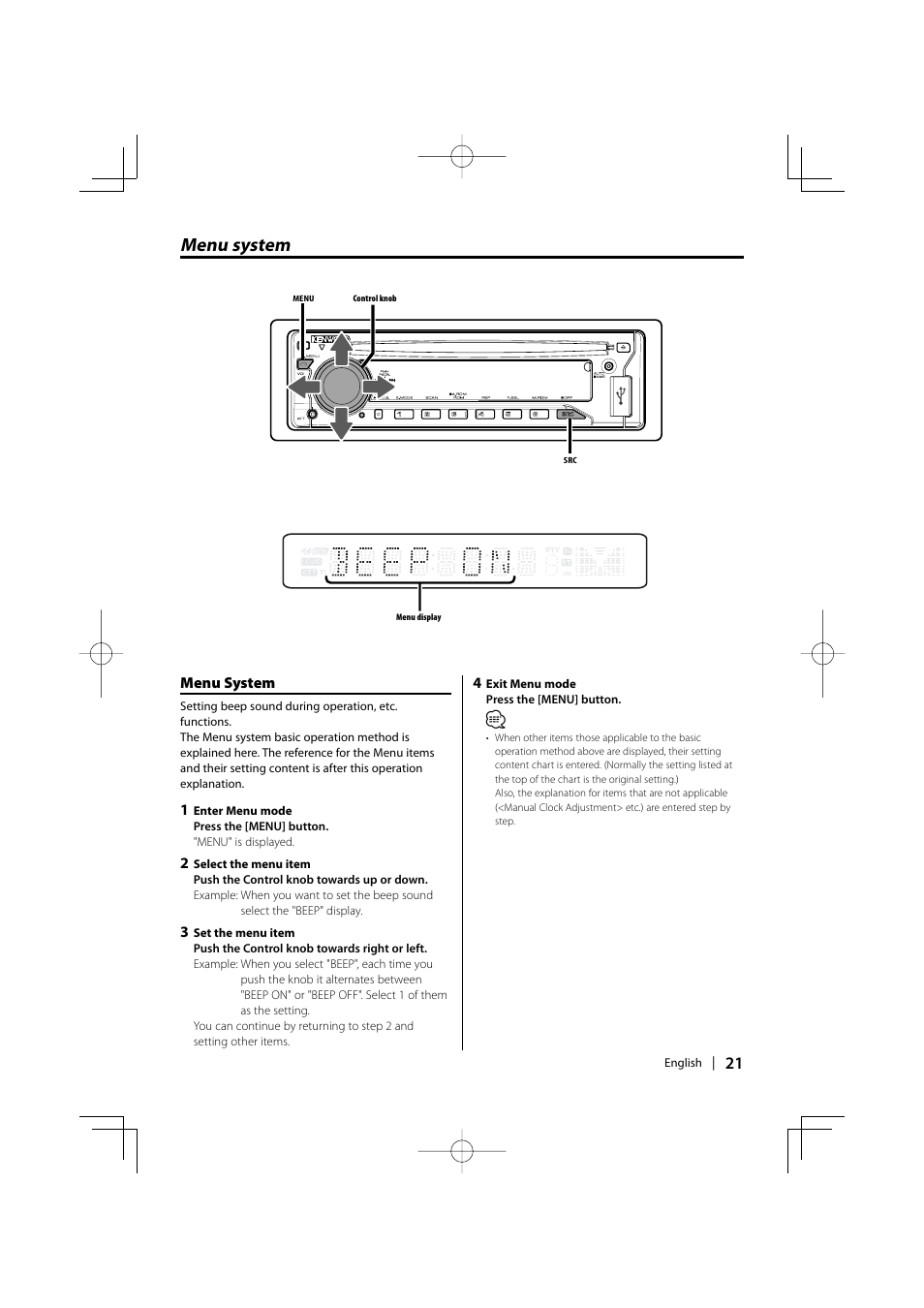 Menu system | Kenwood KDC-MP435U User Manual | Page 21 / 108