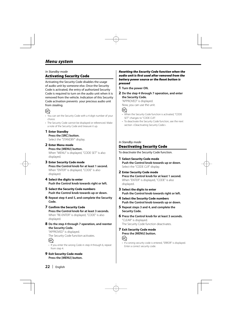 Menu system | Kenwood KDC-MP435U User Manual | Page 22 / 108
