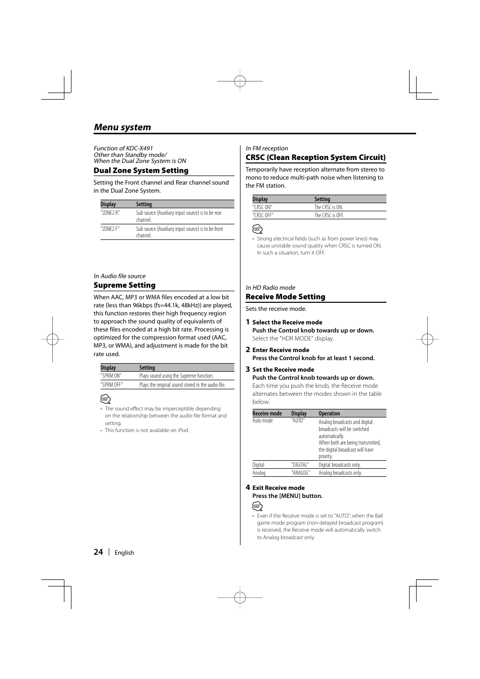 Menu system | Kenwood KDC-MP435U User Manual | Page 24 / 108