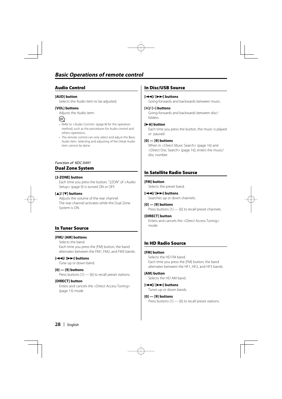 Basic operations of remote control | Kenwood KDC-MP435U User Manual | Page 28 / 108
