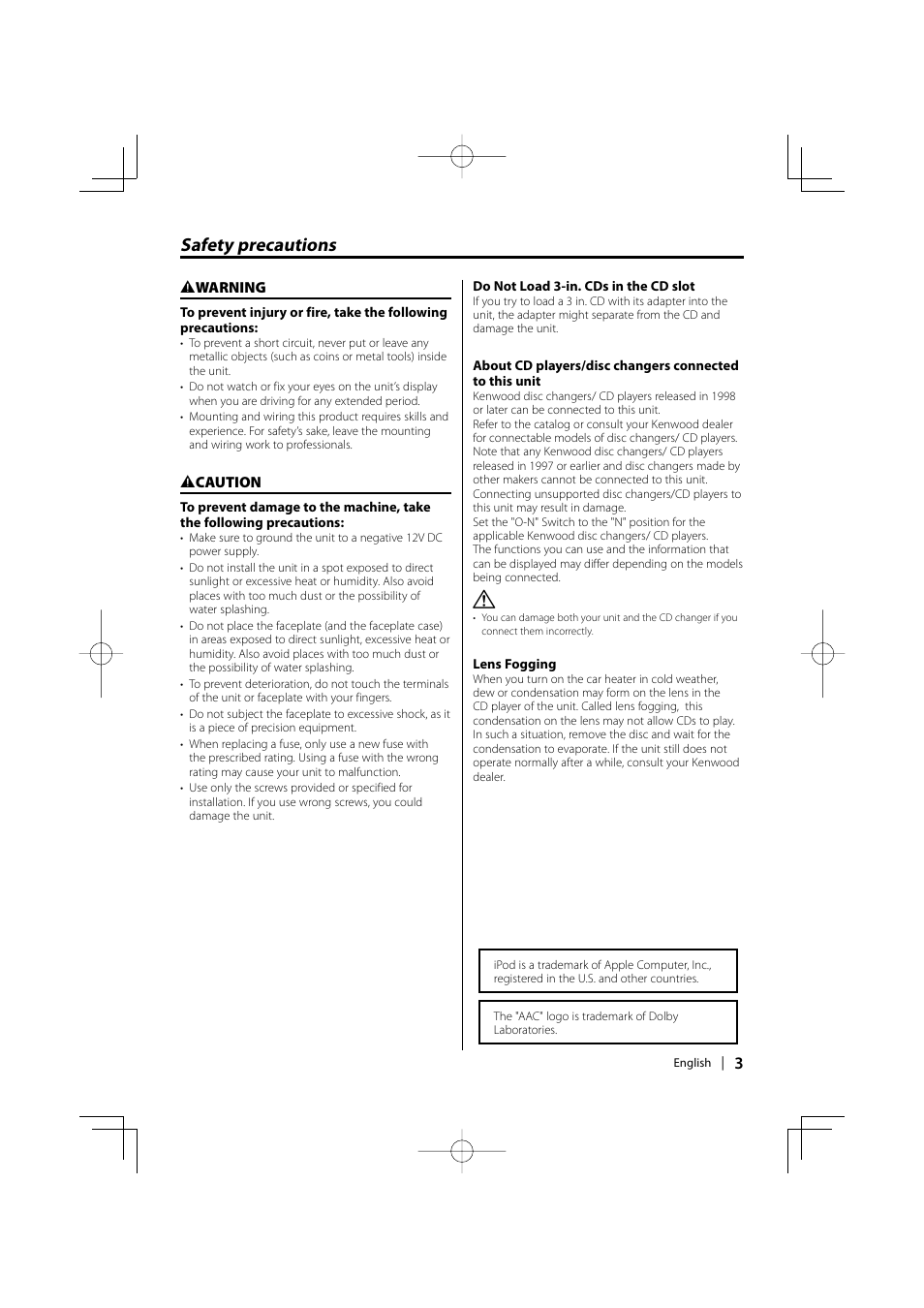 Safety precautions | Kenwood KDC-MP435U User Manual | Page 3 / 108