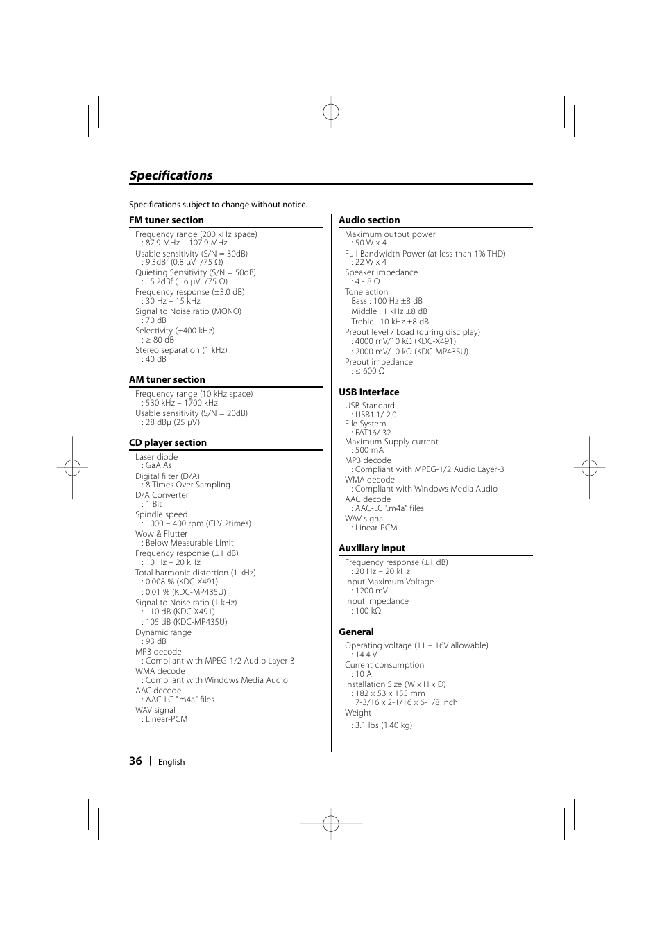 Specifications | Kenwood KDC-MP435U User Manual | Page 36 / 108