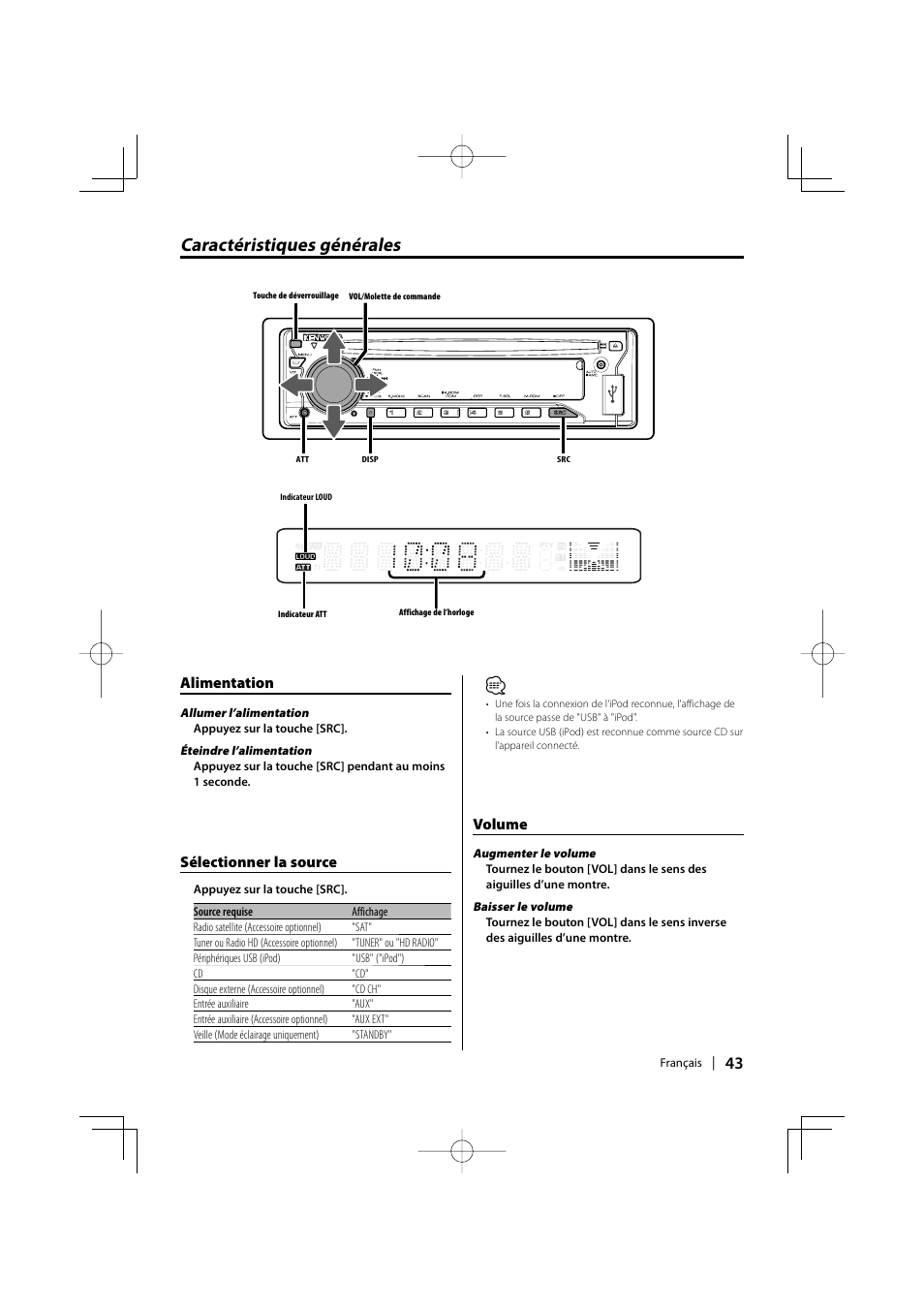 Caractéristiques générales, Alimentation, Sélectionner la source | Volume | Kenwood KDC-MP435U User Manual | Page 43 / 108