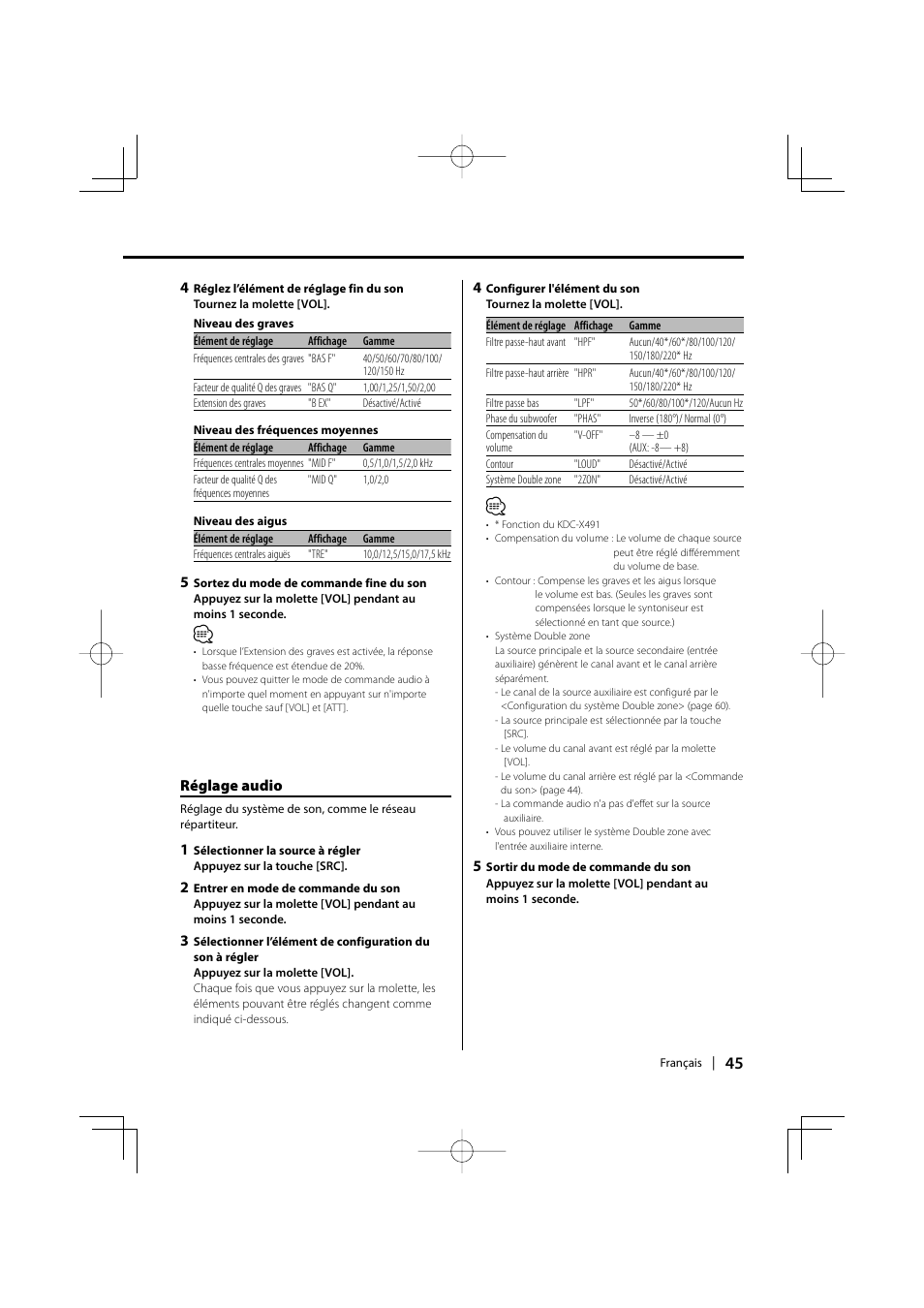 Réglage audio | Kenwood KDC-MP435U User Manual | Page 45 / 108