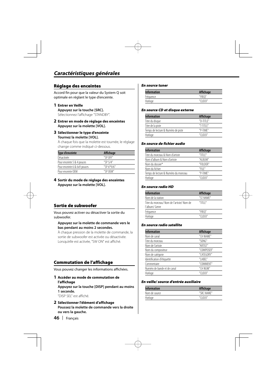 Caractéristiques générales | Kenwood KDC-MP435U User Manual | Page 46 / 108