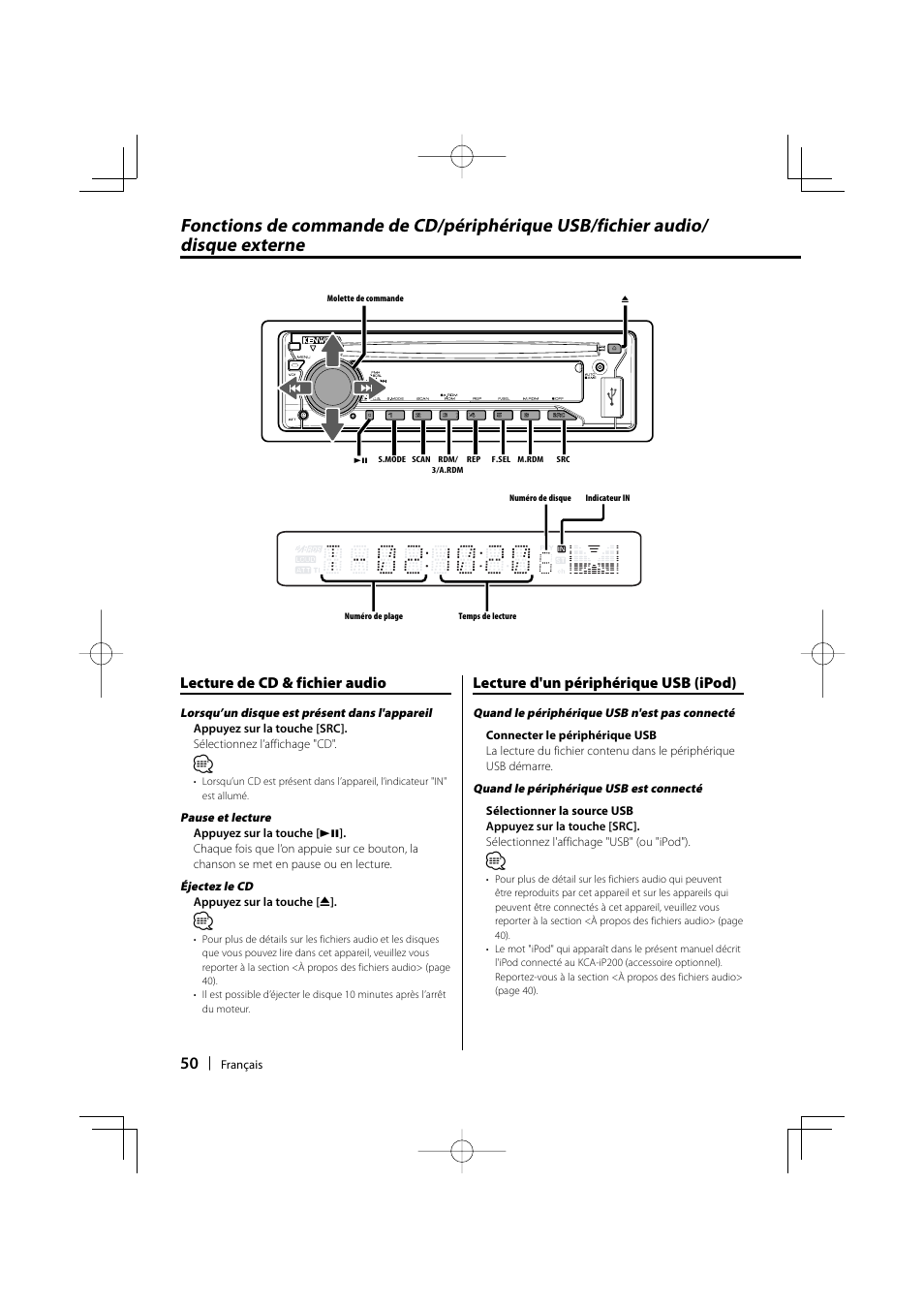 Lecture de cd & fichier audio, Lecture d'un périphérique usb (ipod) | Kenwood KDC-MP435U User Manual | Page 50 / 108