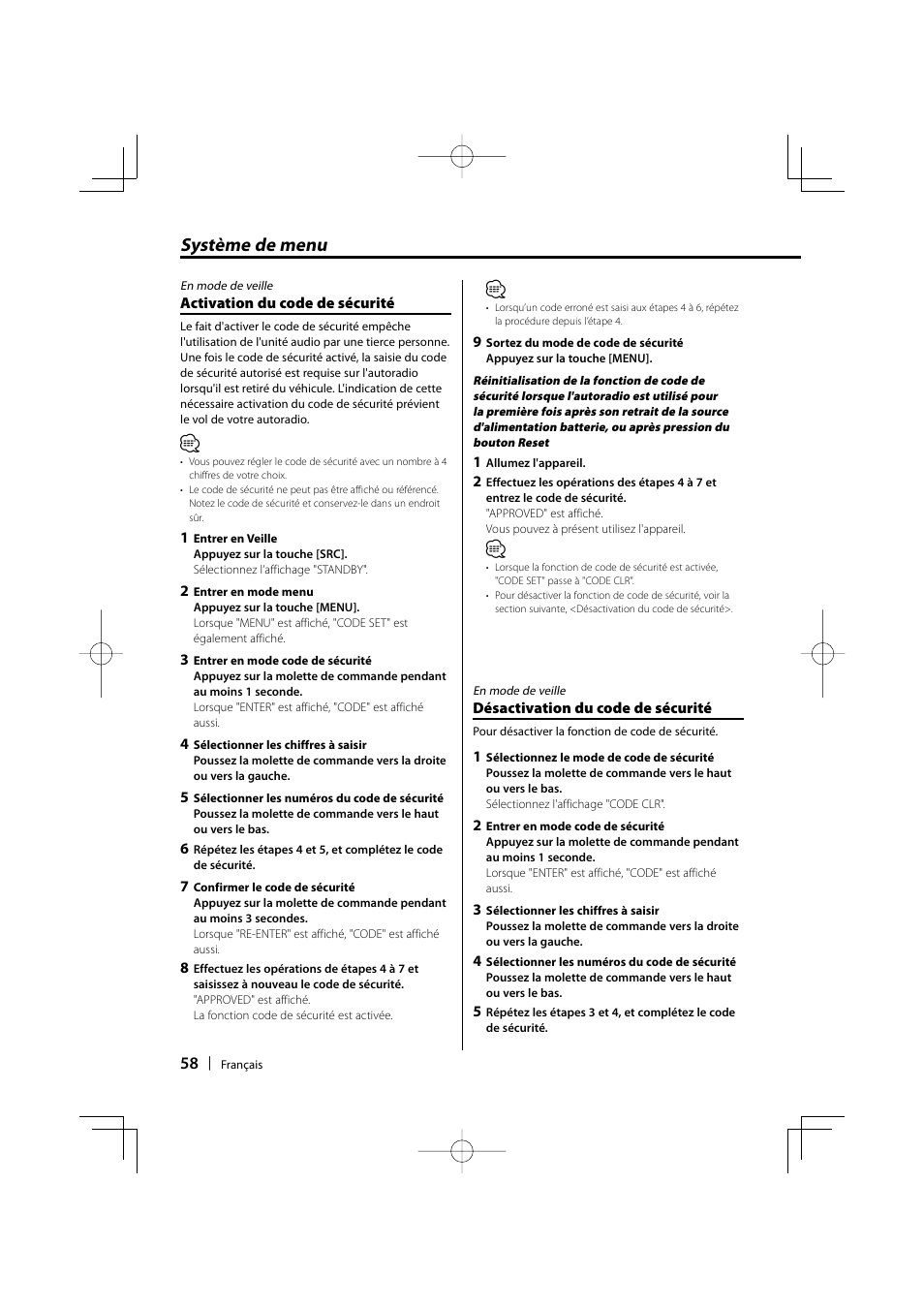 Système de menu | Kenwood KDC-MP435U User Manual | Page 58 / 108