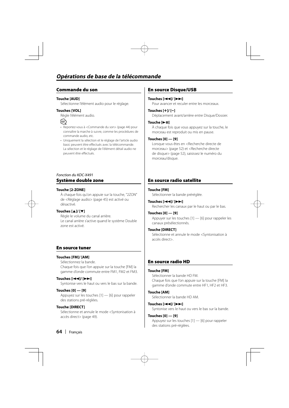 Opérations de base de la télécommande | Kenwood KDC-MP435U User Manual | Page 64 / 108