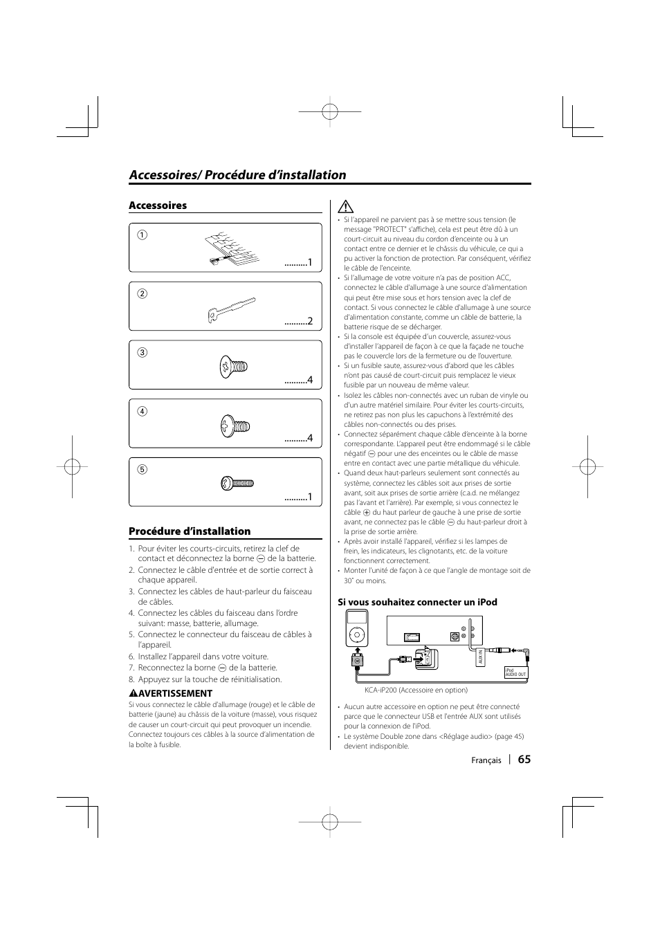 Accessoires/ procédure d’installation | Kenwood KDC-MP435U User Manual | Page 65 / 108
