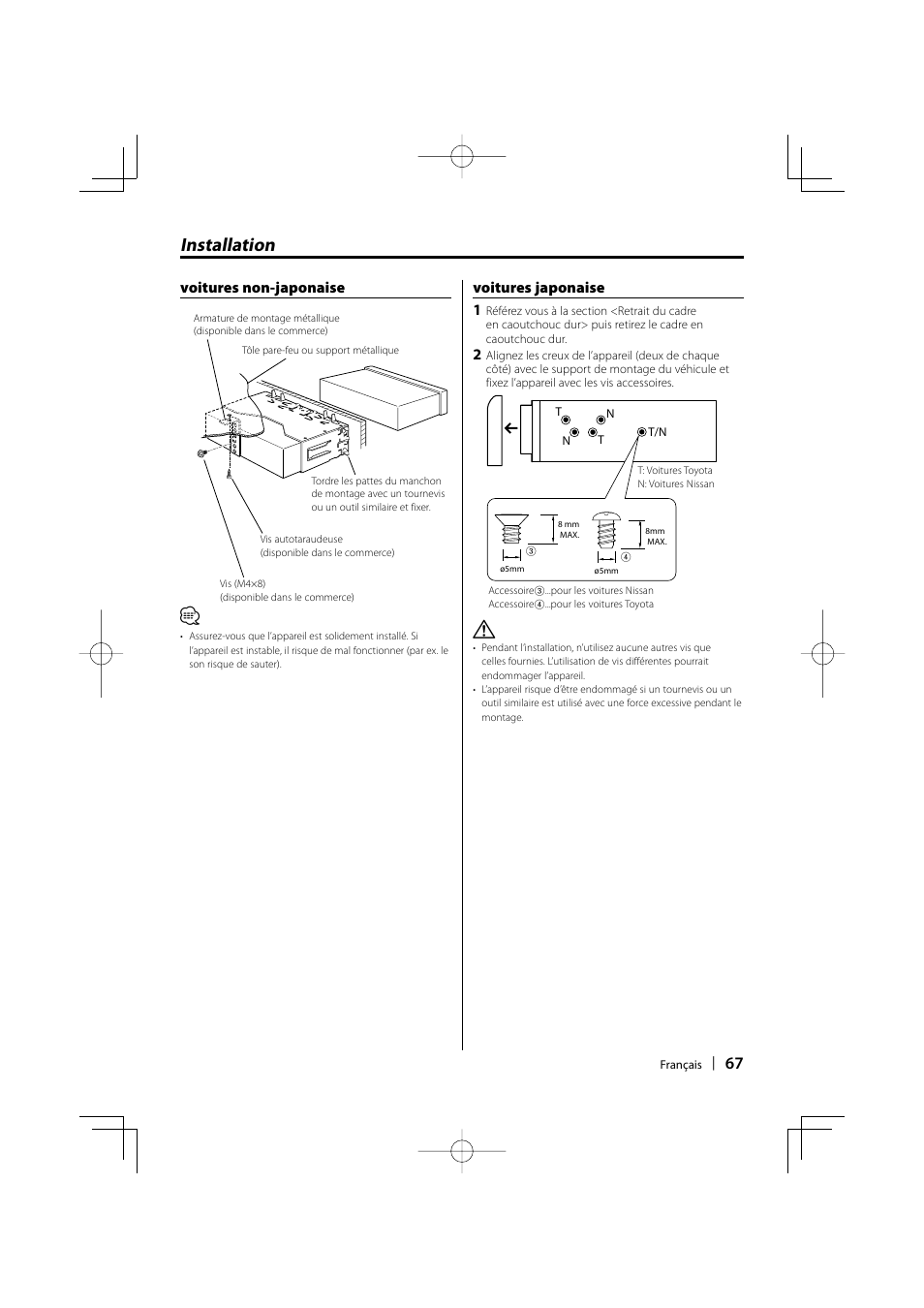 Installation, Voitures non-japonaise, Voitures japonaise 1 | Kenwood KDC-MP435U User Manual | Page 67 / 108