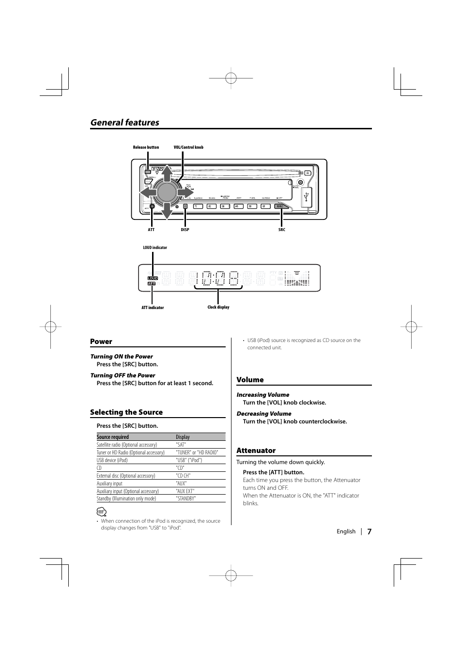 General features, Power, Selecting the source | Volume, Attenuator | Kenwood KDC-MP435U User Manual | Page 7 / 108