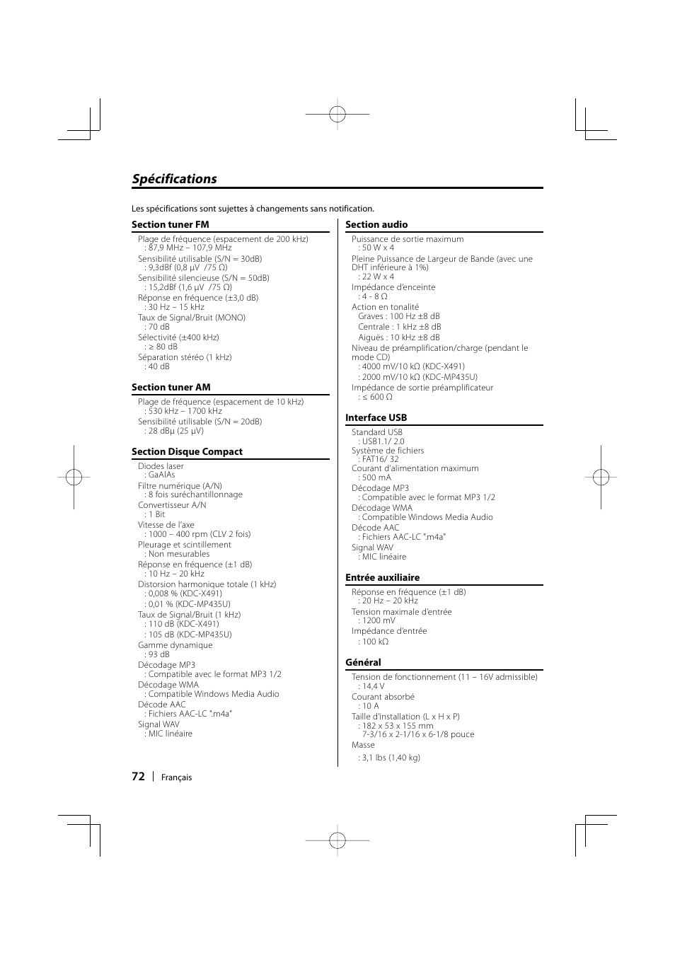 Spécifications | Kenwood KDC-MP435U User Manual | Page 72 / 108