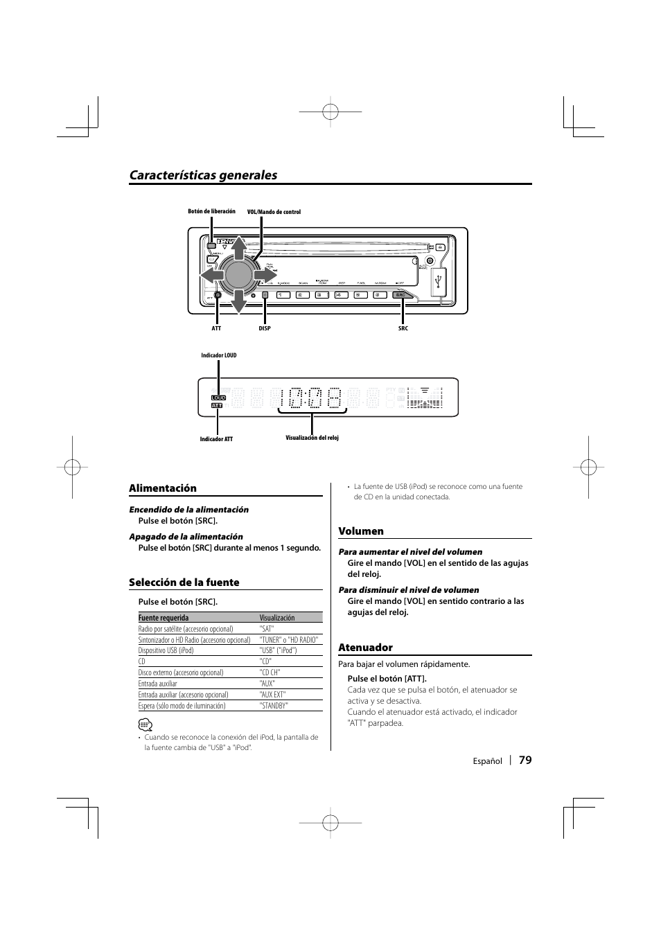 Características generales, Alimentación, Selección de la fuente | Volumen, Atenuador | Kenwood KDC-MP435U User Manual | Page 79 / 108