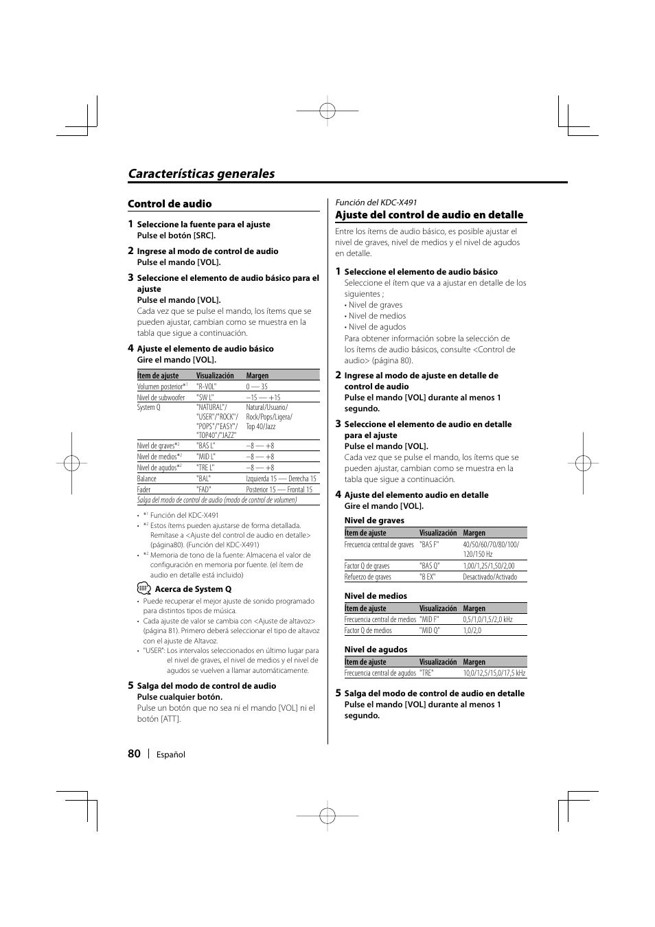 Características generales, Control de audio 1, Ajuste del control de audio en detalle | Kenwood KDC-MP435U User Manual | Page 80 / 108