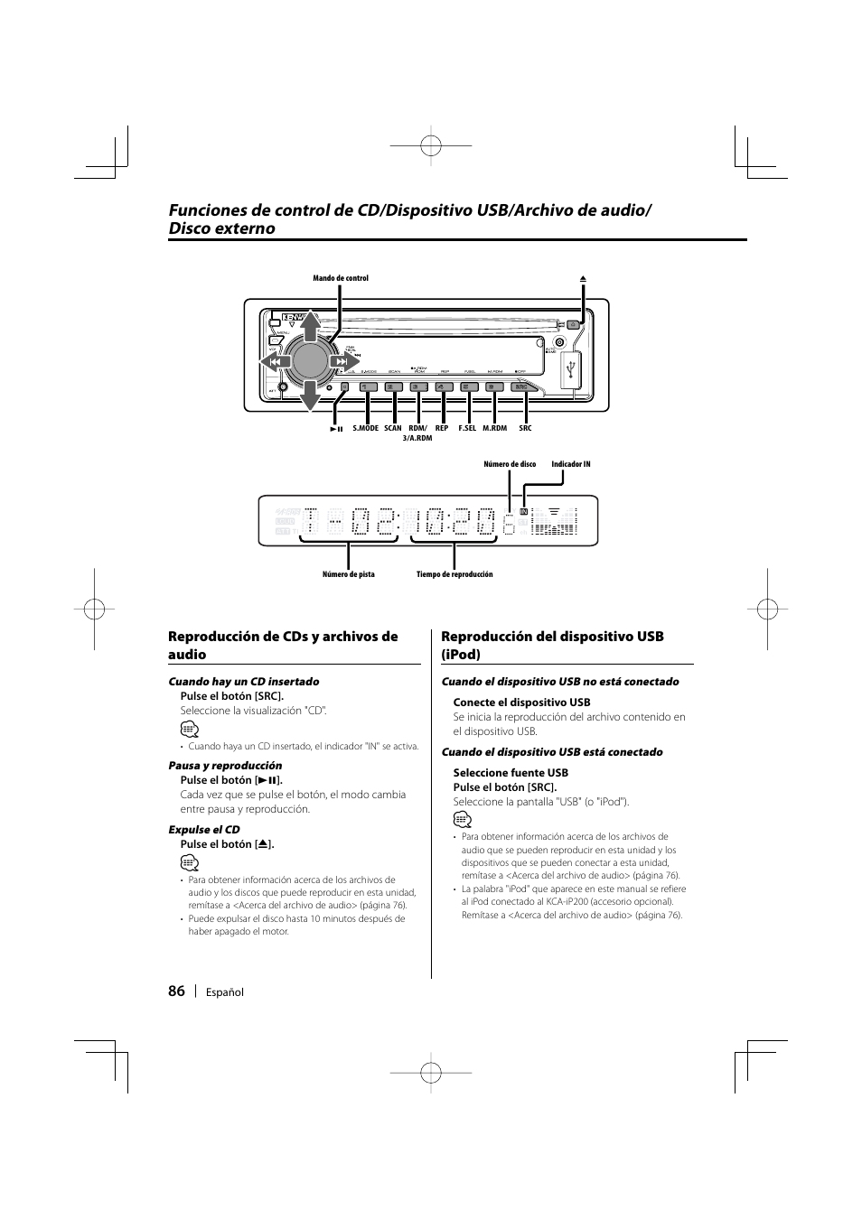 Reproducción del dispositivo usb (ipod), Reproducción de cds y archivos de audio | Kenwood KDC-MP435U User Manual | Page 86 / 108