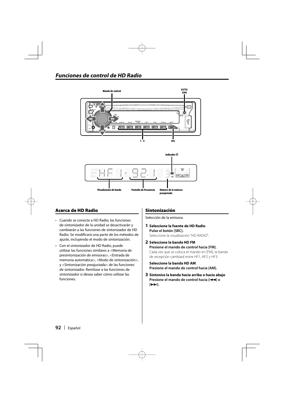 Funciones de control de hd radio, Acerca de hd radio, Sintonización | Kenwood KDC-MP435U User Manual | Page 92 / 108