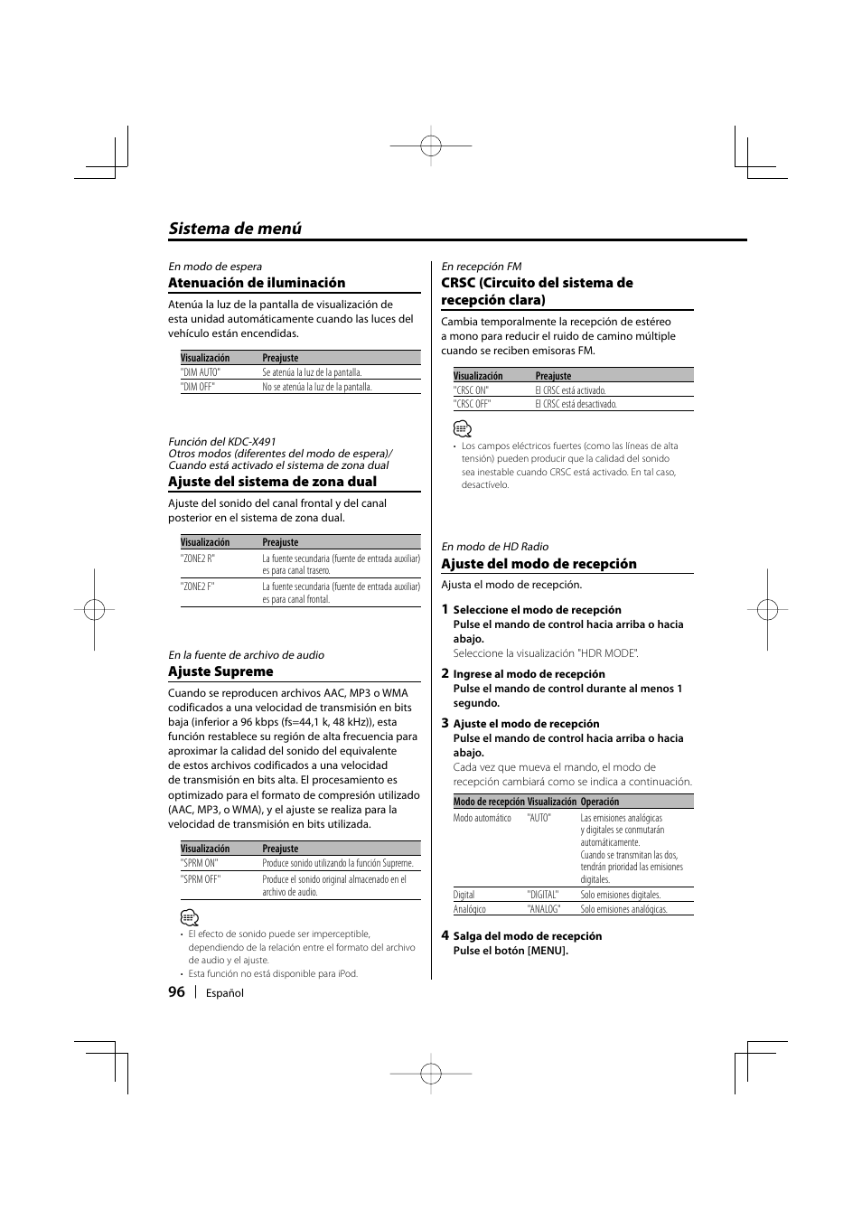 Sistema de menú | Kenwood KDC-MP435U User Manual | Page 96 / 108