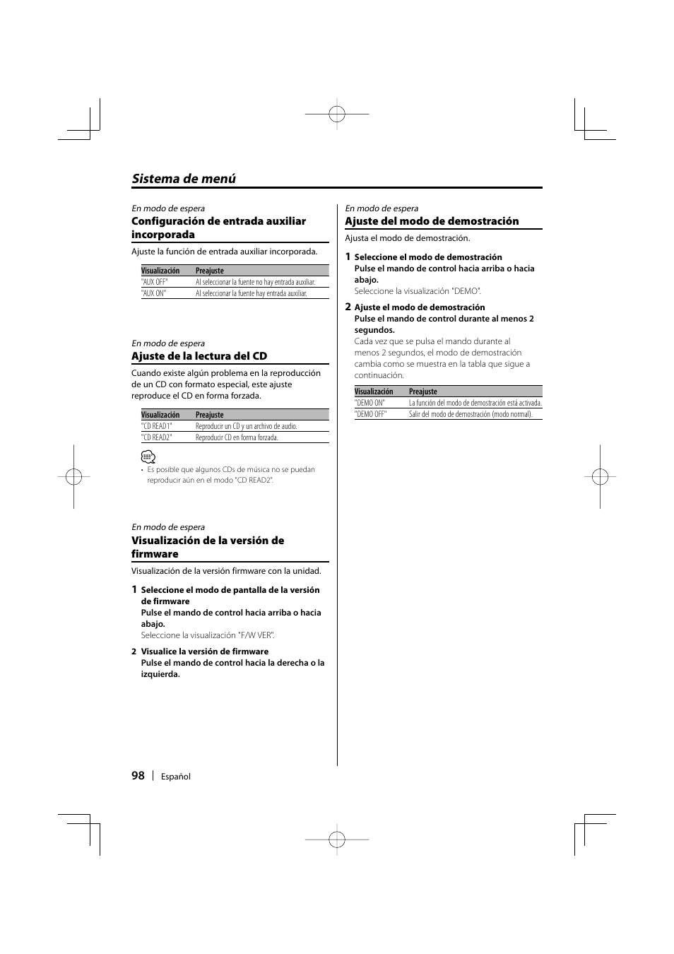 Sistema de menú | Kenwood KDC-MP435U User Manual | Page 98 / 108