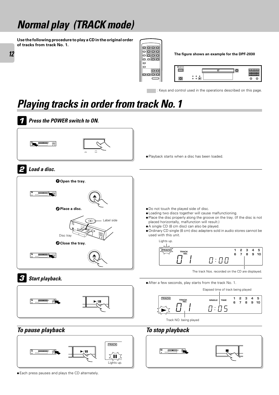 Normal play (track mode) 2, Playing tracks in order from track no. 1, Load a disc | Start playback, Press the power switch to on | Kenwood DPF-2030 User Manual | Page 12 / 24