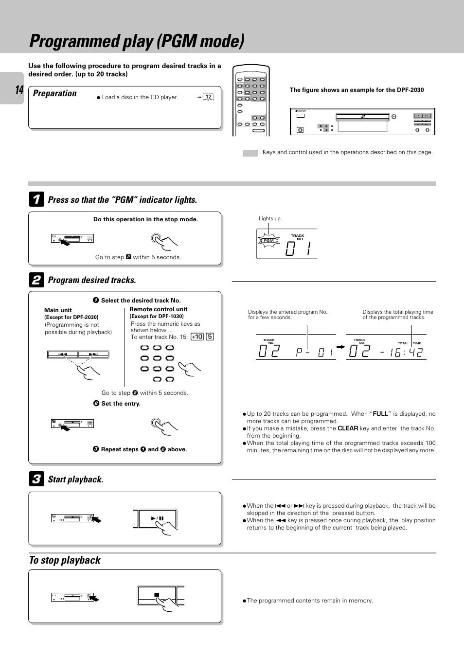 Programmed play (pgm mode), P _ 0 1, Preparation | Start playback | Kenwood DPF-2030 User Manual | Page 14 / 24