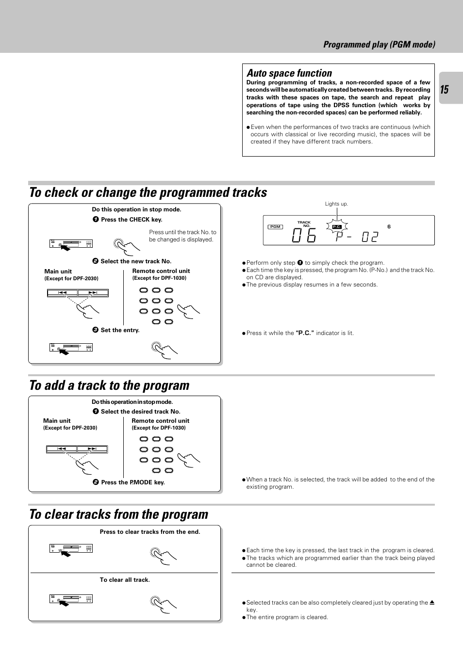 P _ 0 2, Auto space function, Programmed play (pgm mode) | Kenwood DPF-2030 User Manual | Page 15 / 24