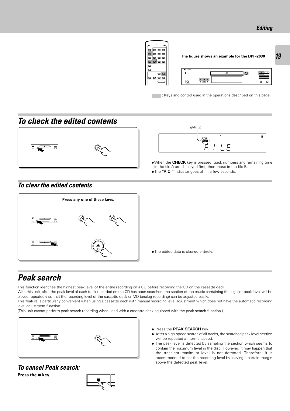 Peak search, F i l e, Editing | Kenwood DPF-2030 User Manual | Page 19 / 24