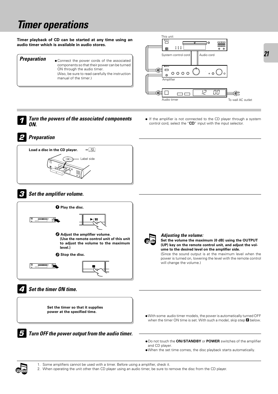 Timer operations, Preparation, Turn the powers of the associated components on | Set the amplifier volume, Set the timer on time, Turn off the power output from the audio timer | Kenwood DPF-2030 User Manual | Page 21 / 24