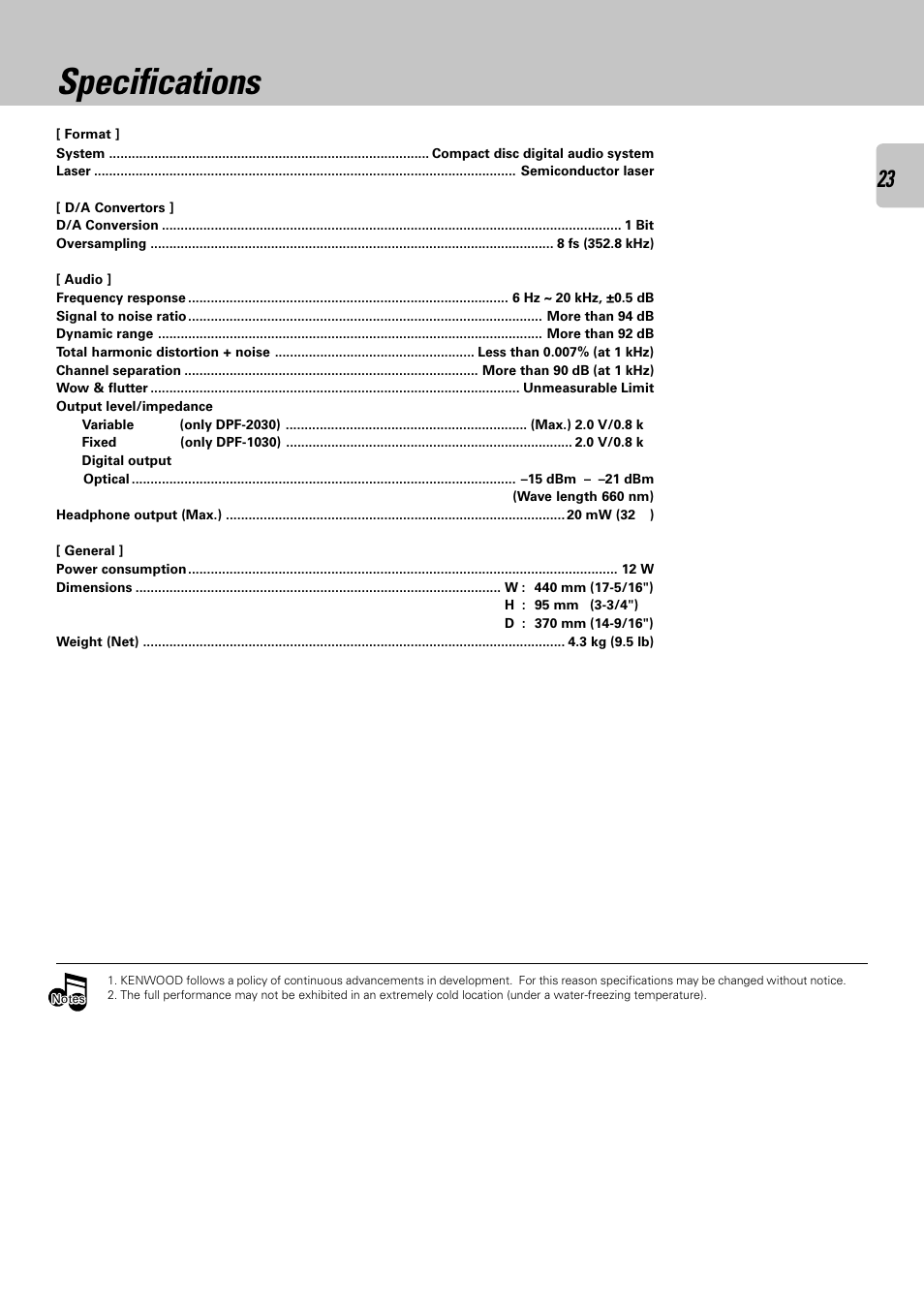 Specifications | Kenwood DPF-2030 User Manual | Page 23 / 24