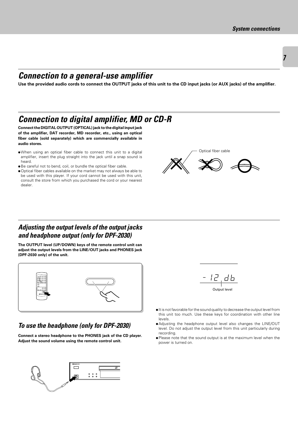 Connection to a general-use amplifier, Connection to digital amplifier, md or cd-r, 1 2 d b | System connections | Kenwood DPF-2030 User Manual | Page 7 / 24