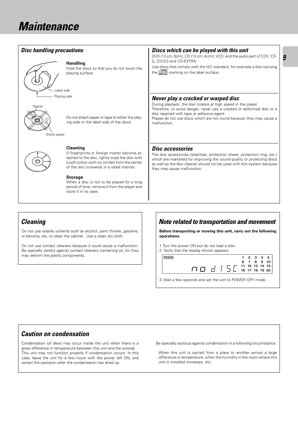 Maintenance, D 1 s c, Caution on condensation | Cleaning, Discs which can be played with this unit, Disc handling precautions disc accessories, Never play a cracked or warped disc | Kenwood DPF-2030 User Manual | Page 9 / 24