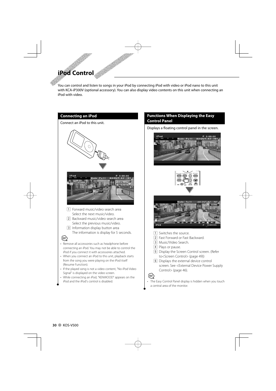 Ipod control, Connecting an ipod, Functions when displaying the easy control panel | Kenwood ADVANCED INTEGRATION A/V CONTROLLER KOS-V500 User Manual | Page 30 / 92