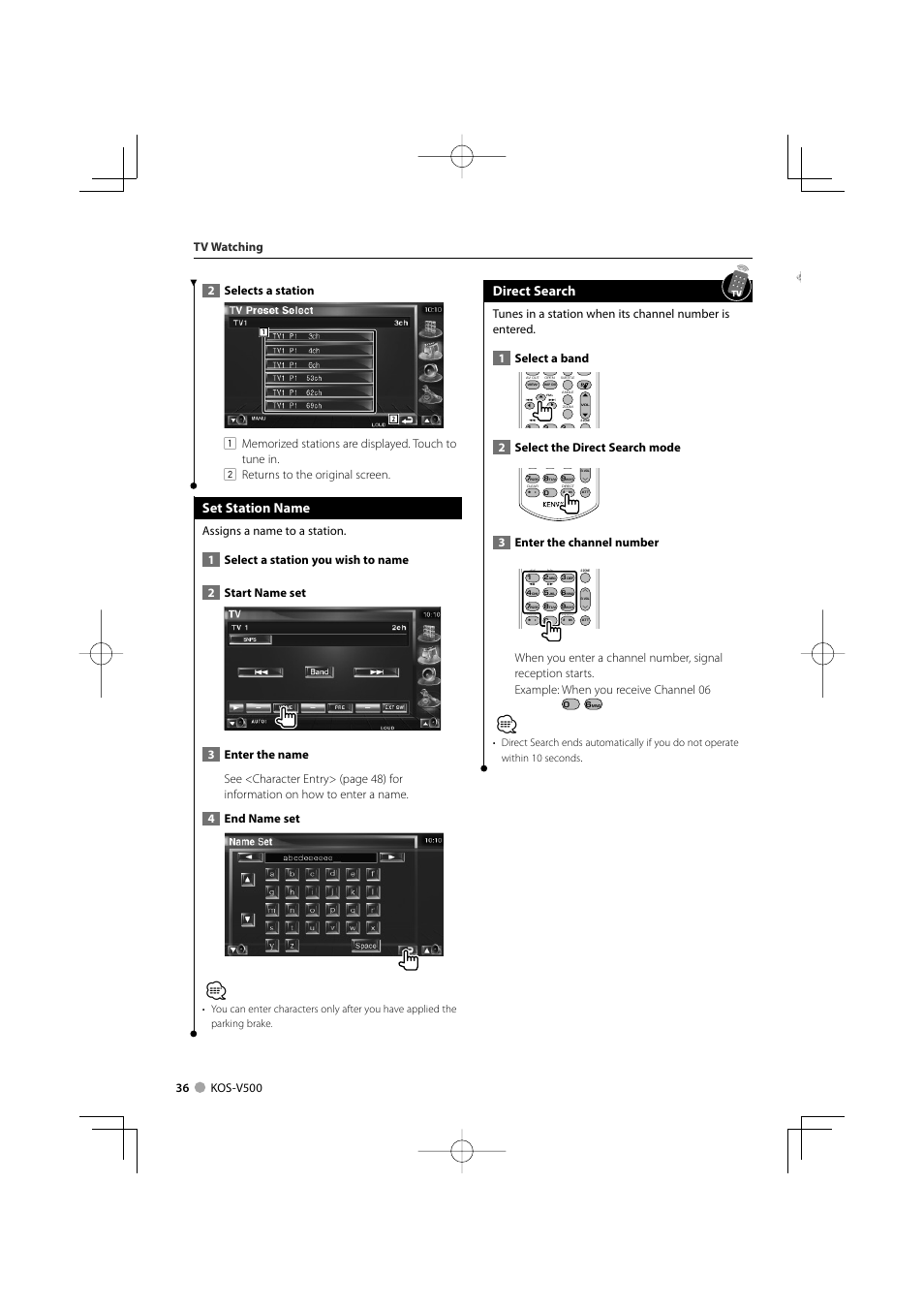 Set station name, Direct search, 2select the direct search mode | 3enter the channel number, Tv watching | Kenwood ADVANCED INTEGRATION A/V CONTROLLER KOS-V500 User Manual | Page 36 / 92