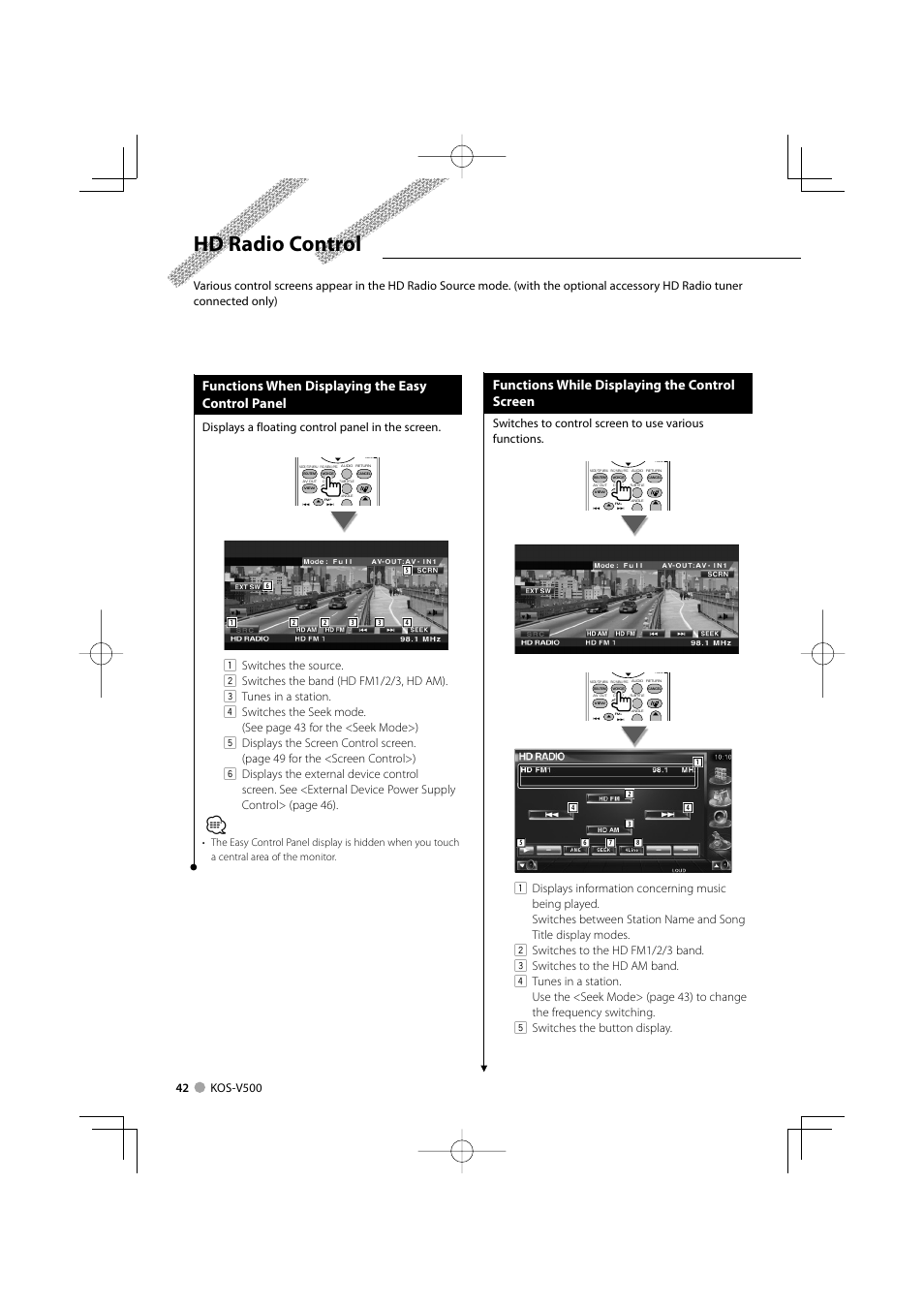 Hd radio control, Functions when displaying the easy control panel, Functions while displaying the control screen | Displays a floating control panel in the screen | Kenwood ADVANCED INTEGRATION A/V CONTROLLER KOS-V500 User Manual | Page 42 / 92