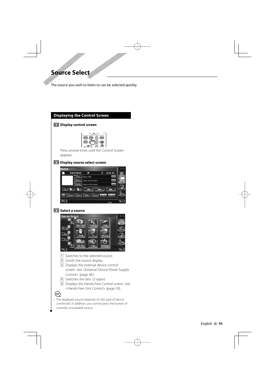Source select, Displaying the control screen, English 45 | 1display control screen | Kenwood ADVANCED INTEGRATION A/V CONTROLLER KOS-V500 User Manual | Page 45 / 92