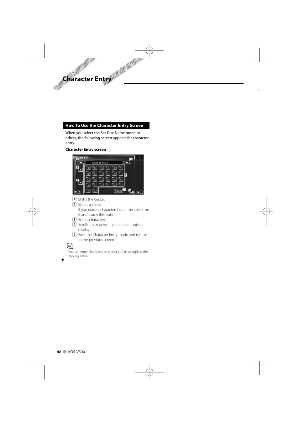 Character entry | Kenwood ADVANCED INTEGRATION A/V CONTROLLER KOS-V500 User Manual | Page 48 / 92