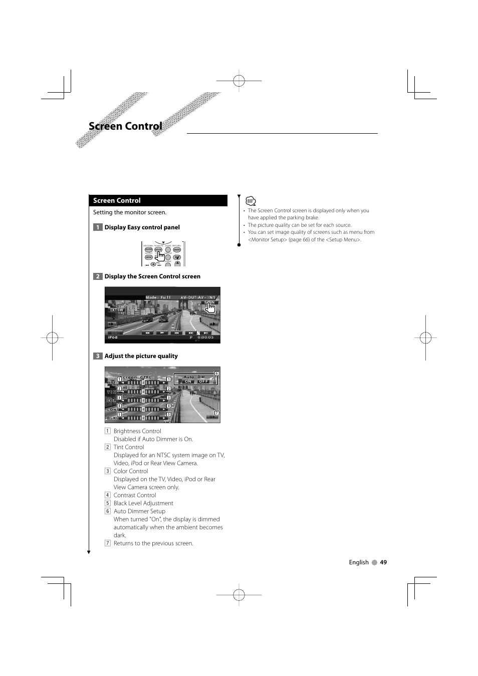 Screen control, English 49 | Kenwood ADVANCED INTEGRATION A/V CONTROLLER KOS-V500 User Manual | Page 49 / 92