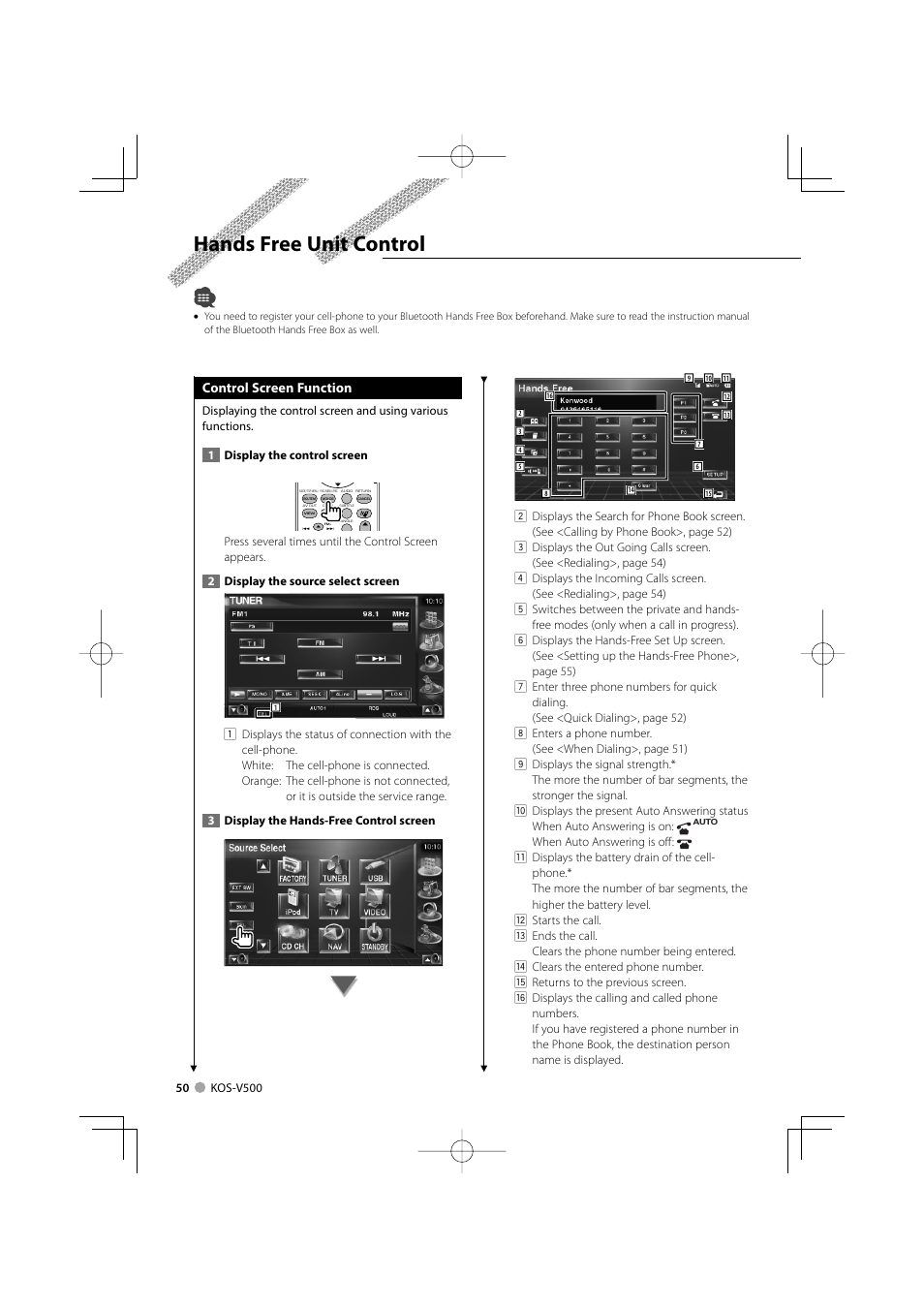 Hands free unit control, Control screen function | Kenwood ADVANCED INTEGRATION A/V CONTROLLER KOS-V500 User Manual | Page 50 / 92