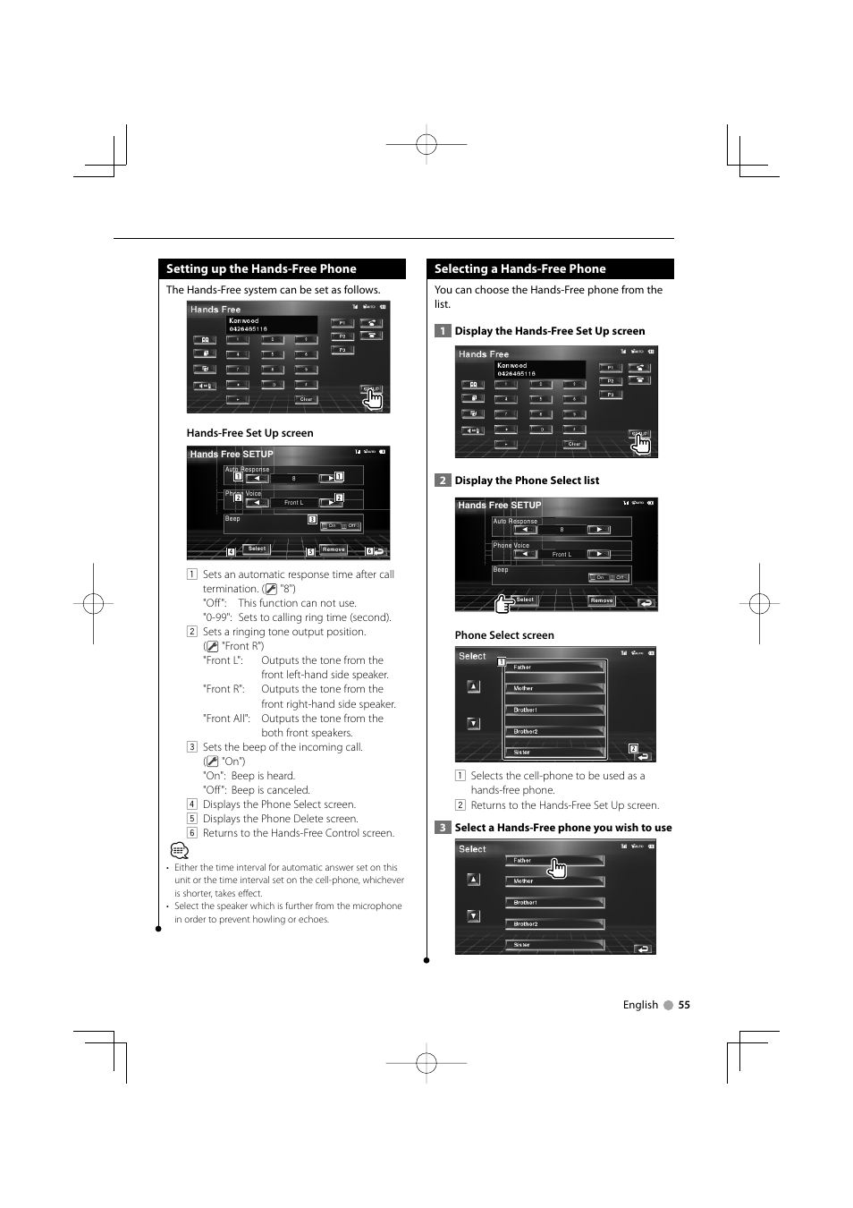 Setting up the hands-free phone, Selecting a hands-free phone | Kenwood ADVANCED INTEGRATION A/V CONTROLLER KOS-V500 User Manual | Page 55 / 92