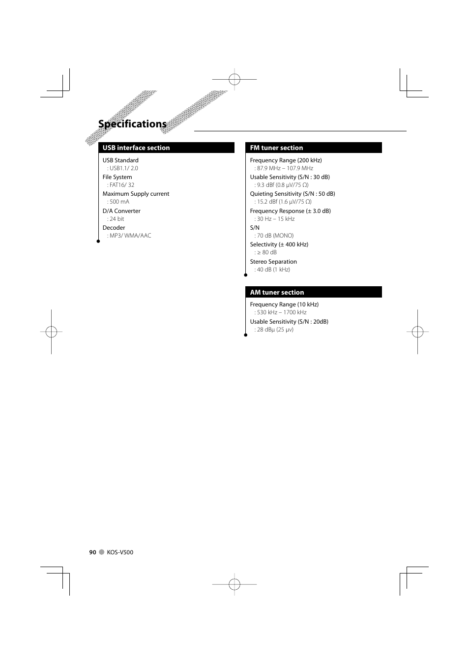 Specifications | Kenwood ADVANCED INTEGRATION A/V CONTROLLER KOS-V500 User Manual | Page 90 / 92