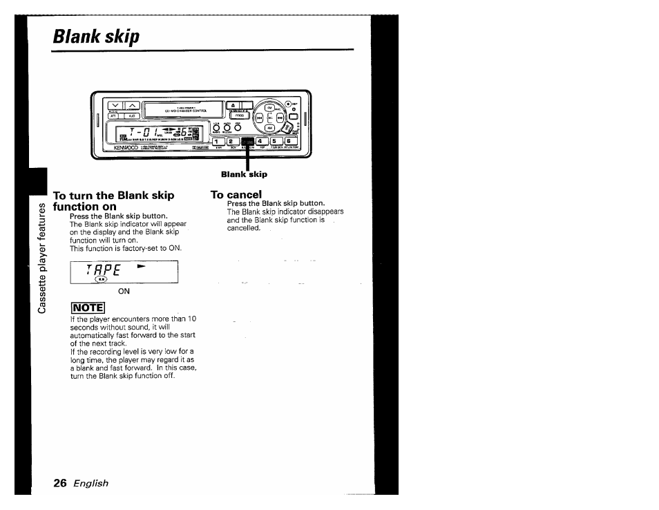 To turn the blank skip function on, To cancel, Iimote | Blank skip, Trpe | Kenwood KRC-601 User Manual | Page 26 / 48