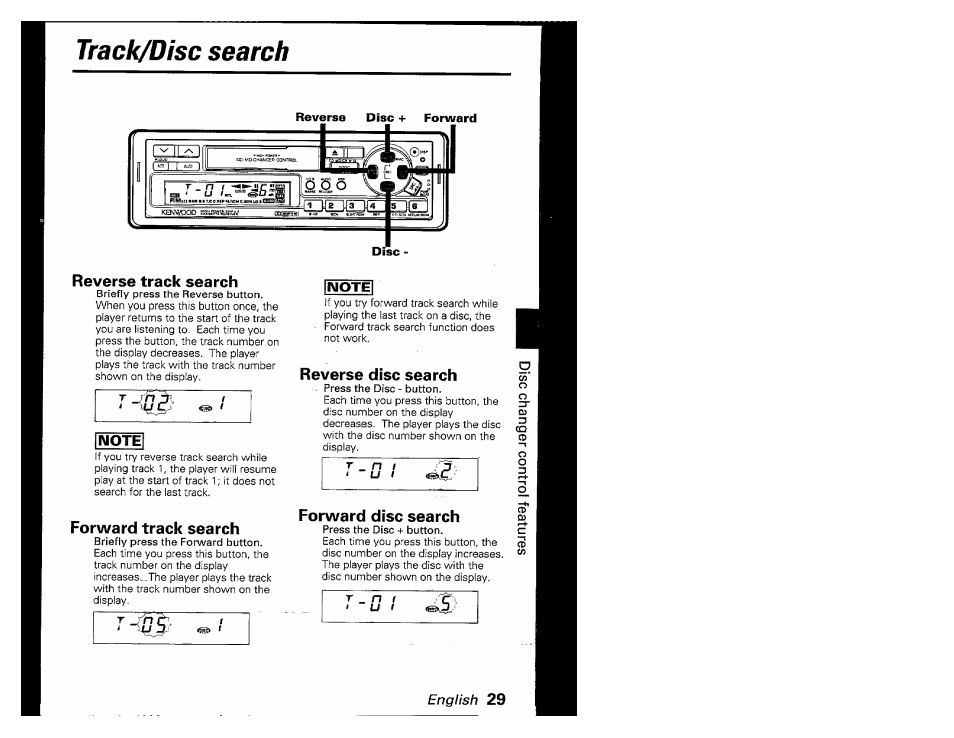 Reverse track search, Forward track search, Reverse disc search | Forward disc search, Track/disc search, English | Kenwood KRC-601 User Manual | Page 29 / 48