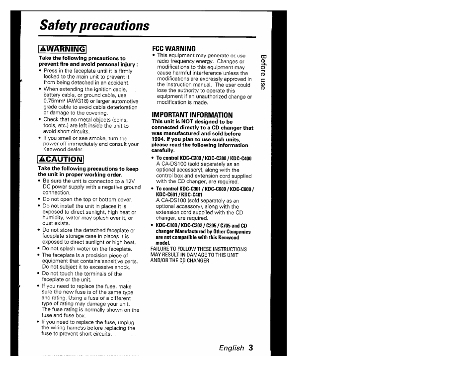 Take the following precautions to, Take the following precautions to keep, Safety precautions | Acaution, English | Kenwood KRC-601 User Manual | Page 3 / 48