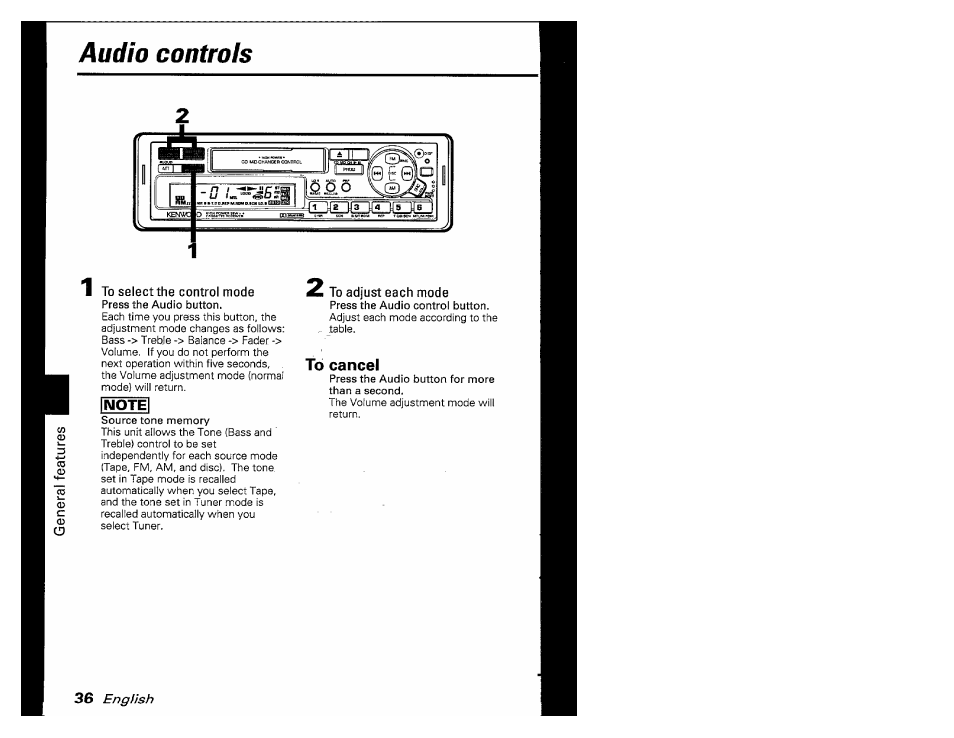 To cancel, Audio controls | Kenwood KRC-601 User Manual | Page 36 / 48