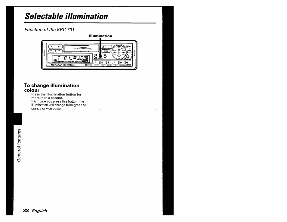 To change illumination colour, Selectable illumination | Kenwood KRC-601 User Manual | Page 38 / 48