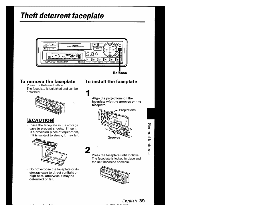 To remove the faceplate, To install the faceplate, Theft deterrent faceplate | Acaution | Kenwood KRC-601 User Manual | Page 39 / 48