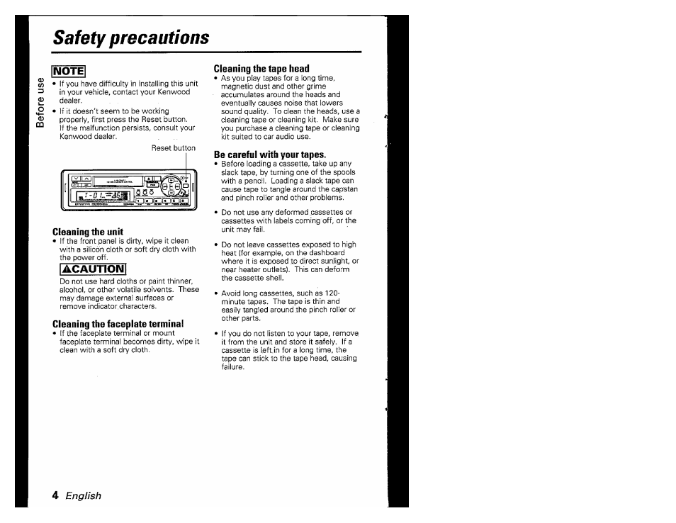 Safety precautions, Acaution, English | Kenwood KRC-601 User Manual | Page 4 / 48