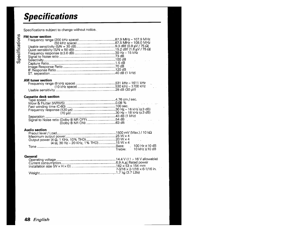 Fm tuner section, Am tuner section, Cassette deck section | Audio section, General, Specifications, English | Kenwood KRC-601 User Manual | Page 48 / 48