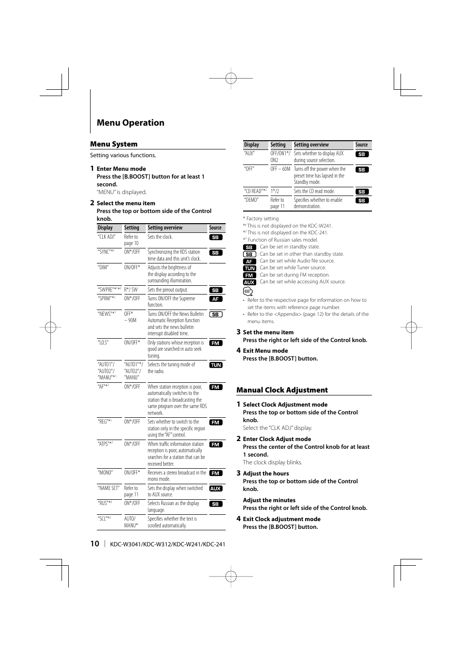 Menu operation, Menu system, Manual clock adjustment 1 | Kenwood KDC-W241  EN User Manual | Page 10 / 20