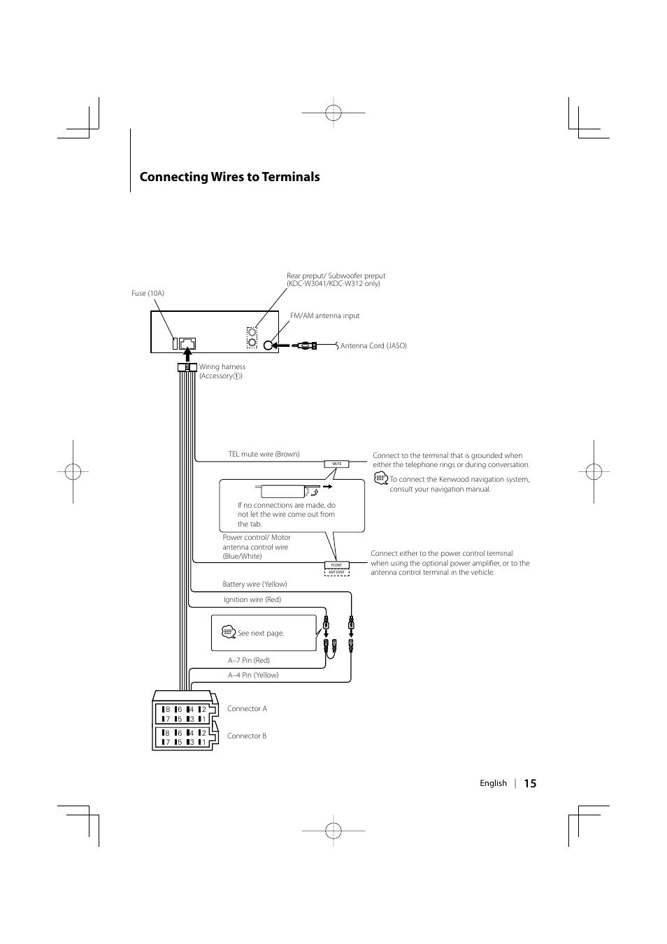 Connecting wires to terminals | Kenwood KDC-W241  EN User Manual | Page 15 / 20